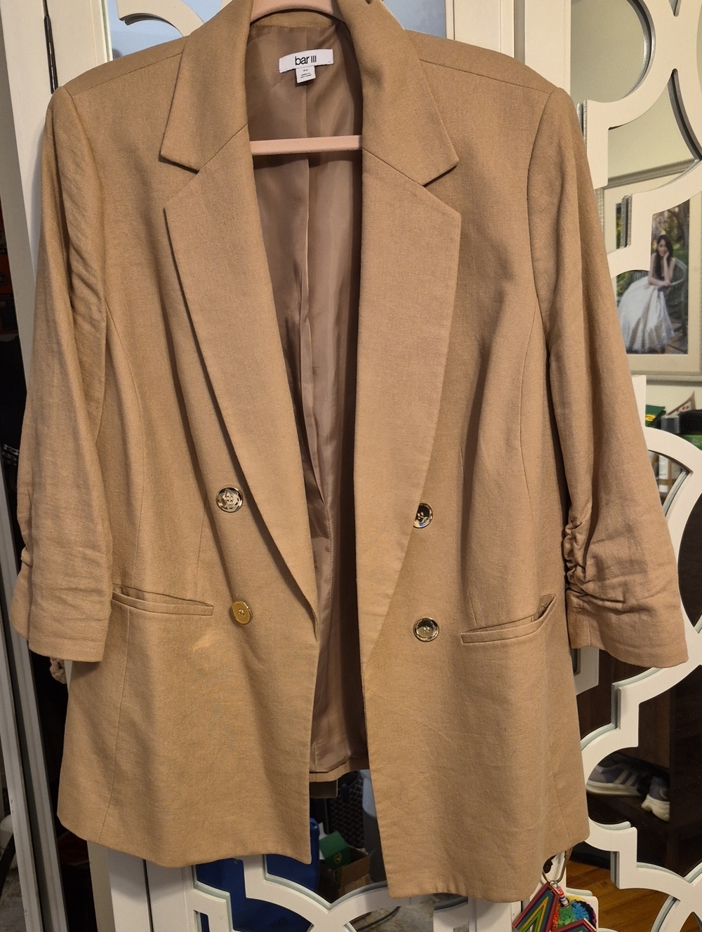 Bar III Camel Double-Breasted Blazer with Gold Buttons
